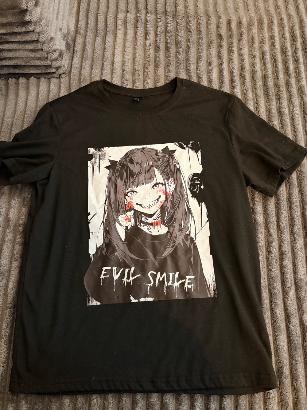 ROMWE Black Graphic 'Evil Smile' Anime Tee with Red Accents